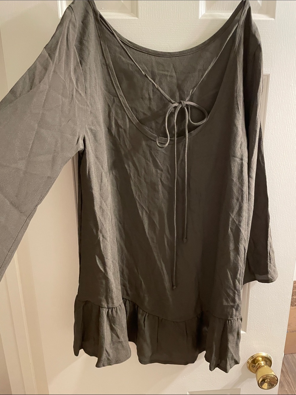 Jella C Olive Green Tie-Front Ruffle-Hem Linnen LookTunic.